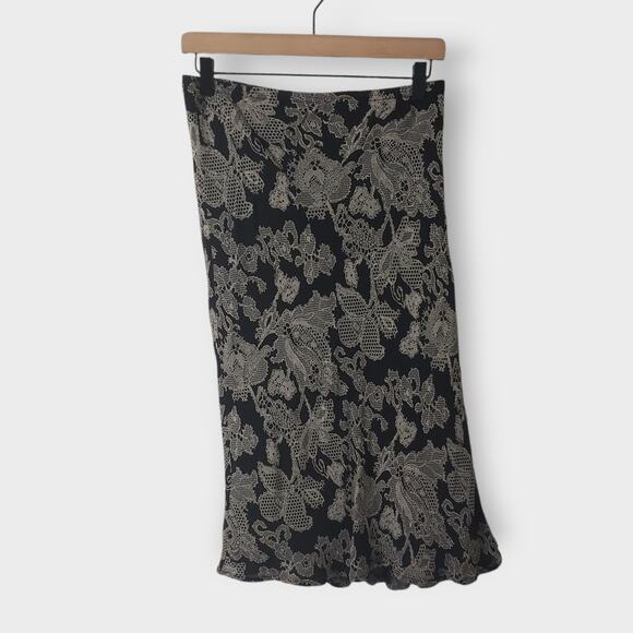Newport News Asymmetrical Ruffled Mesh Dark Floral Midi Skirt Black Grey Medium - Picture 1 of 9
